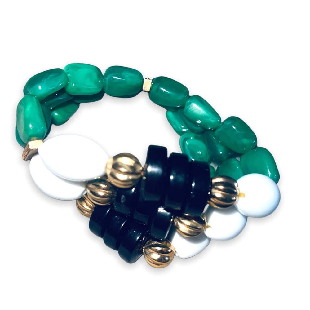 Vintage Extra Wide 3 Strand Egyptian Jade Lucite Beads Engraved Bracelet - Picture 4 of 11